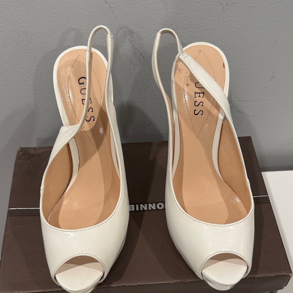 Guess Cream Peep Toe Slingback Heels